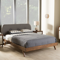 Baxton Studio BBT6607-Grey-Full-XD45 Penelope Mid-Century Modern Solid Walnut Wood Grey Fabric Upholstered Full Size Platform Bed
